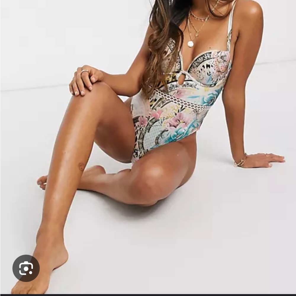 New River Island floral print belted swimsuit in blue